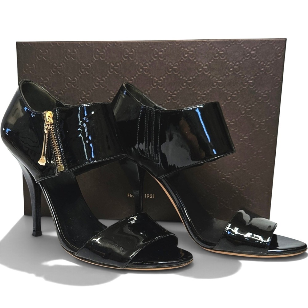 Gucci Black Patent Leather Ankle Cuff Sandal Heels Size 38.5 - Picture 9 of 11